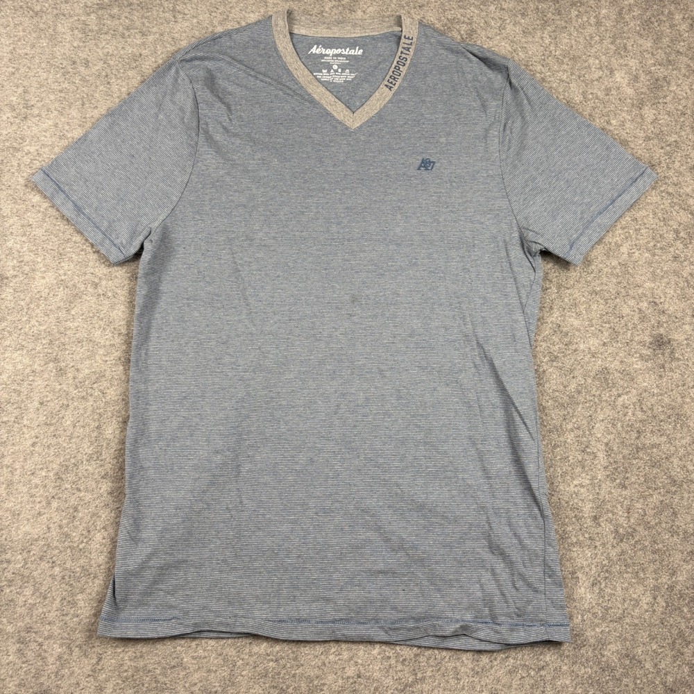 Y2K Aeropostale T-Shirt Mens Large Blue Striped V-Neck Short Sleeve‎ Surf Gorp